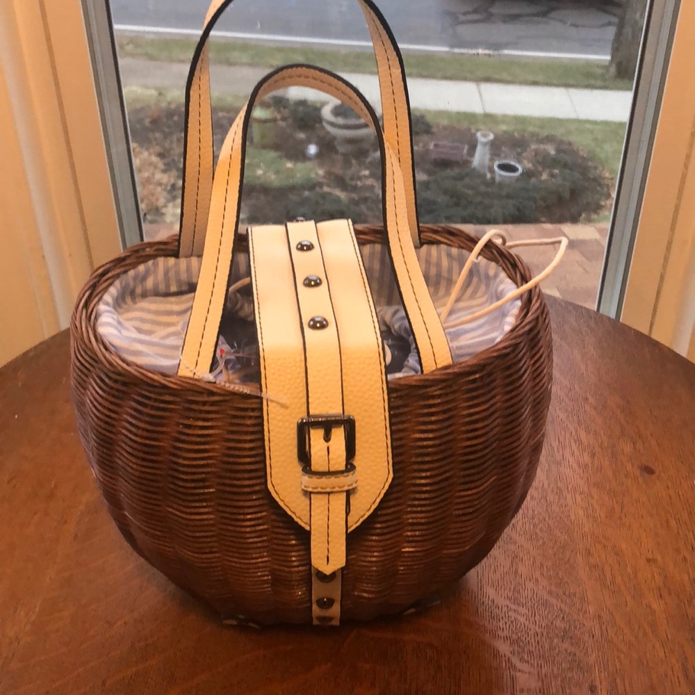 Woven Brown Tote with Cream Leather Trim and Strap